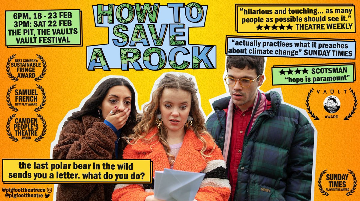 From our pals <a href="/pigfoottheatre/">Pigfoot</a>

#HowToSaveARock is a multi award-winning, 🚲-powered climate change comedy about how to still have hope 🌍

Award #VAULTFestival2020
"as many people as possible should see it" 🌟🌟🌟🌟🌟
<a href="/theatre_weekly/">Theatre Weekly</a>

bit.ly/39OIwiw