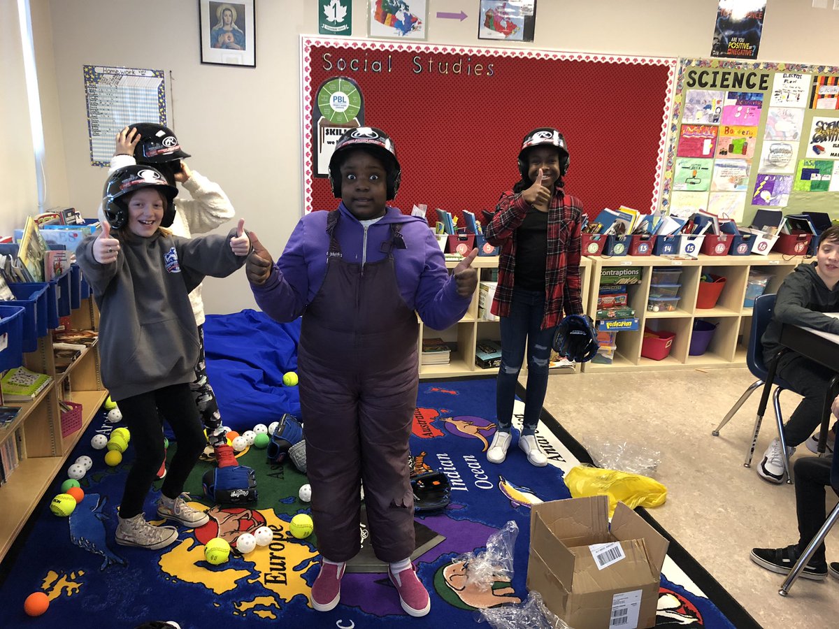 StElizabethECSD's tweet photo. Unpacking the joy!  Our school will be participating in #GirlsatBat thanks to @RawlingsSports and @BlueJays through @JaysCare!! Look at those faces ❤️ #GirlPower #girls #baseball #BlueJays #Softball https://t.co/yd018JFIrW