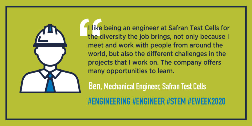 SafranUSA's tweet photo. Ben, a Mechanical #Engineer in Minnesota, shares what he loves the most about his job at @SafranAeroBoost co. #SafranTestCells. #EWEEK2020 #STEM https://t.co/sRV4eMhmkx