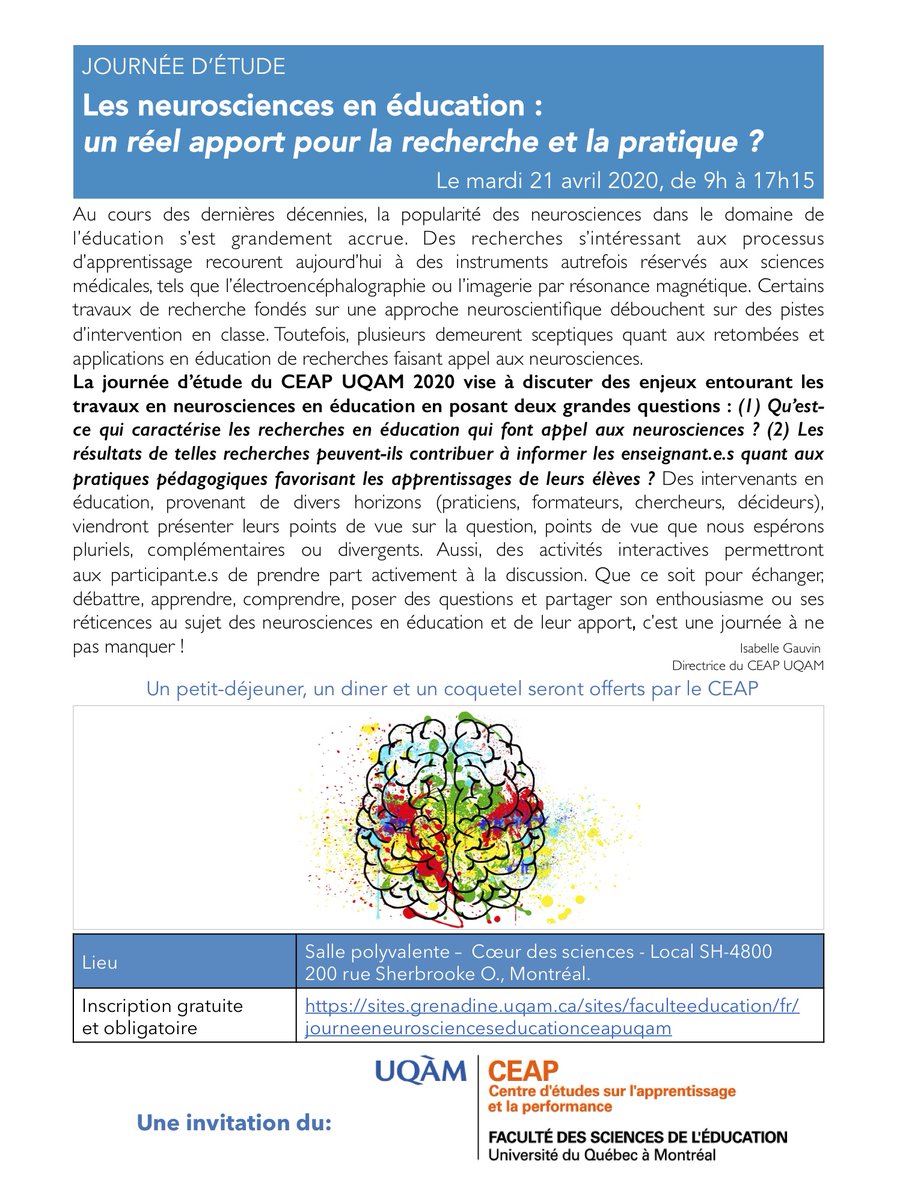 Rosianne Arseneau, M.A., Ph.D. (@rosi_arseneau) on Twitter photo Sujet chaud dans le domaine de l’éducation: « Les neurosciences en éducation : Réel apport pour la recherche et la pratique ? »
Journée d’étude du CEAP UQAM, 21 avril 2020, Cœur des sciences (SH-4800) <a href="/UQAM/">UQAM | Université du Québec à Montréal</a> <a href="/EducationUQAM/">Éducation UQAM</a>
Inscrivez-vous sans tarder! sites.grenadine.uqam.ca/sites/facultee… Sujet chaud dans le domaine de l’éducation: « Les neurosciences en éducation : Réel apport pour la recherche et la pratique ? »
Journée d’étude du CEAP UQAM, 21 avril 2020, Cœur des sciences (SH-4800) <a href="/UQAM/">UQAM | Université du Québec à Montréal</a> <a href="/EducationUQAM/">Éducation UQAM</a>
Inscrivez-vous sans tarder! sites.grenadine.uqam.ca/sites/facultee…