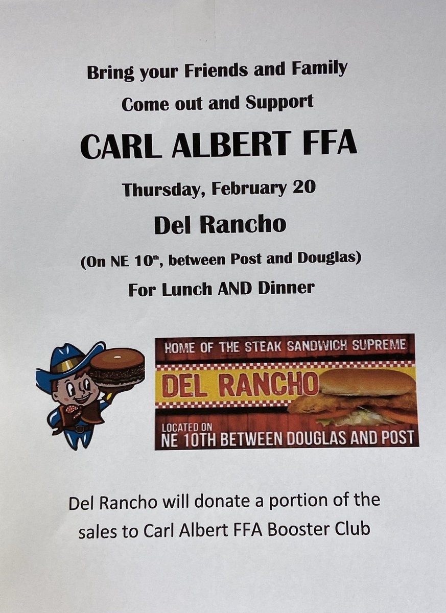Go to Del Rancho tomorrow for lunch and dinner and mention Carl Albert FFA!