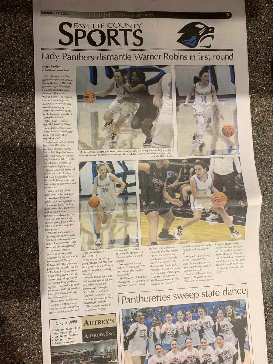 The Prowler News (@smhsprowler) on Twitter photo Hope you picked up a copy of today’s <a href="/FayetteGA/">Fayette County News</a>. Ben Barkley and Hillary Baidoo with coverage from last week’s <a href="/SMHSgirlsbball/">Starr’s Mill GBB</a> win over Warner Robins. Round 2 tonight!!! Come support your Lady Panthers at 6 p.m. Hope you picked up a copy of today’s <a href="/FayetteGA/">Fayette County News</a>. Ben Barkley and Hillary Baidoo with coverage from last week’s <a href="/SMHSgirlsbball/">Starr’s Mill GBB</a> win over Warner Robins. Round 2 tonight!!! Come support your Lady Panthers at 6 p.m.