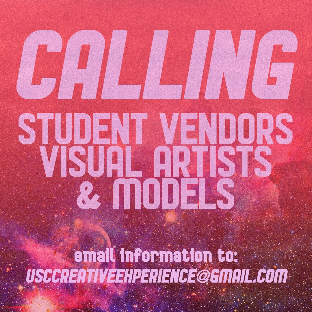 Fellow Creatives‼️We are looking for people to make GEARFEST the best so far‼️ Looking for MODELS, STUDENT VENDORS, AND VISUAL ARTISTS. Submit what you got to usccreativeexperience@gmail.com. We can't wait to see what you've been working on‼️