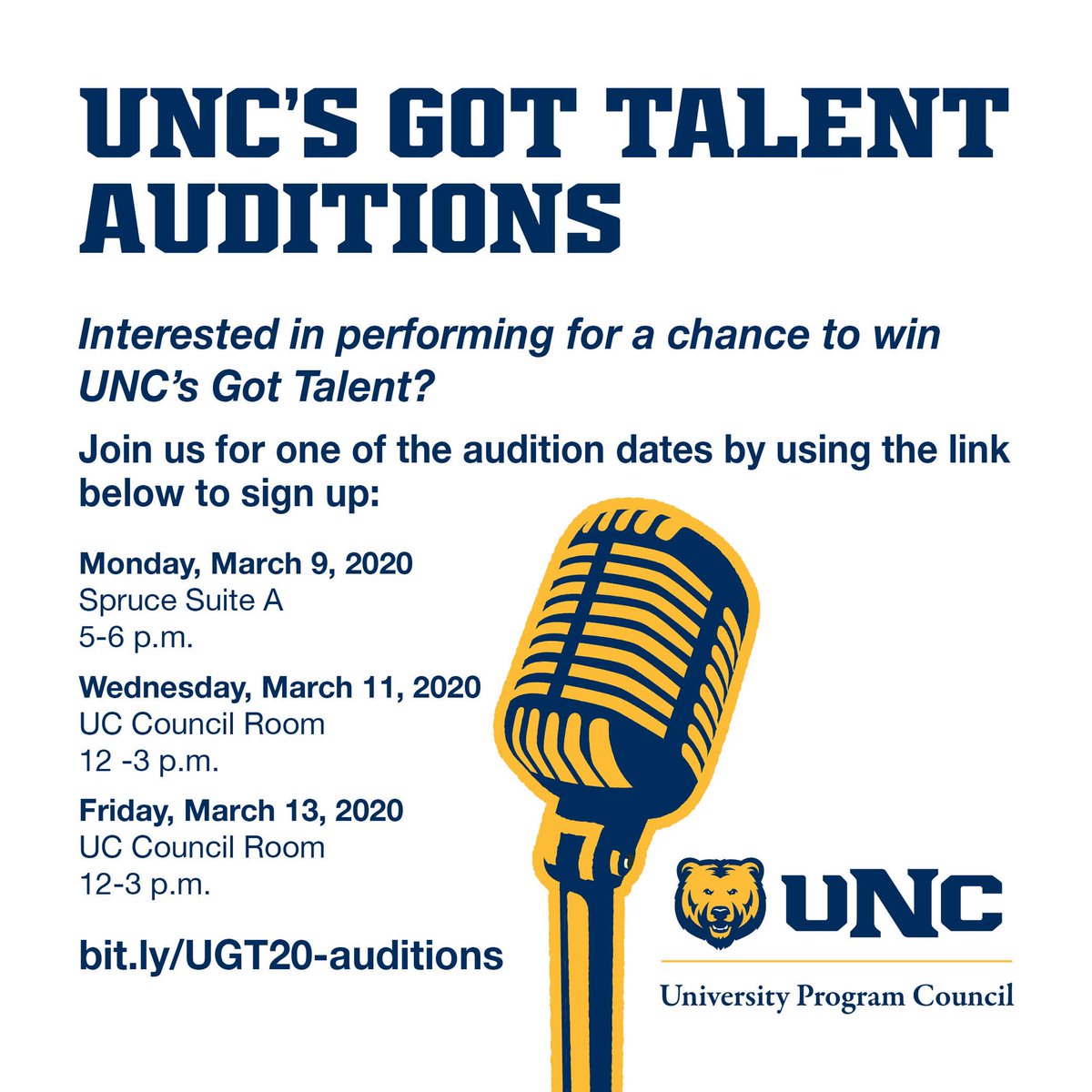 UNCOUPC's tweet image. Undiscovered talent of all ranges - singers, dancers, magicians and more appear before your “campus celebrity” judges who decide which contestants move on to compete for UNC’s Got Talent. Follow the link to sign up: bit.ly/UGT20-auditions 💛💙