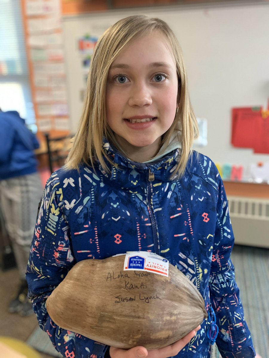Meet Billy Bob Joe! The coconut sent to us all the way from Kauai, Hawaii. He's the latest treasure we've received during The Great Postcard Race! 💌 If you know anyone in Delaware &amp; Vermont, let them know we only need 2 more states! #settingtheBahr #DLschools