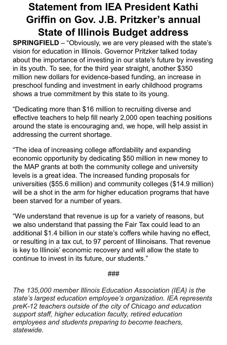 Without mentioning the possible loss of $150m promised EBF, <a href="/ieanea/">Illinois Education Association</a> put out a statement praising <a href="/GovPritzker/">Governor JB Pritzker</a>’s budget