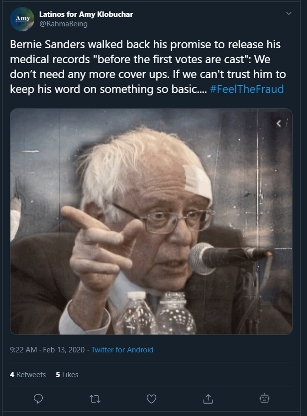 MaLaCoiD's tweet photo. When will @amyklobuchar disavow the divisive bullying of her supporters?

Sharing #photoshop attack ads?! Image what Trump would do with this photo. #Bernie2020 would be finished!#IndivisiblePledge

No #GoogleBernie results found for
site:https://t.co/Sd2wsz244N "medical records" https://t.co/GvTaCCqZbK