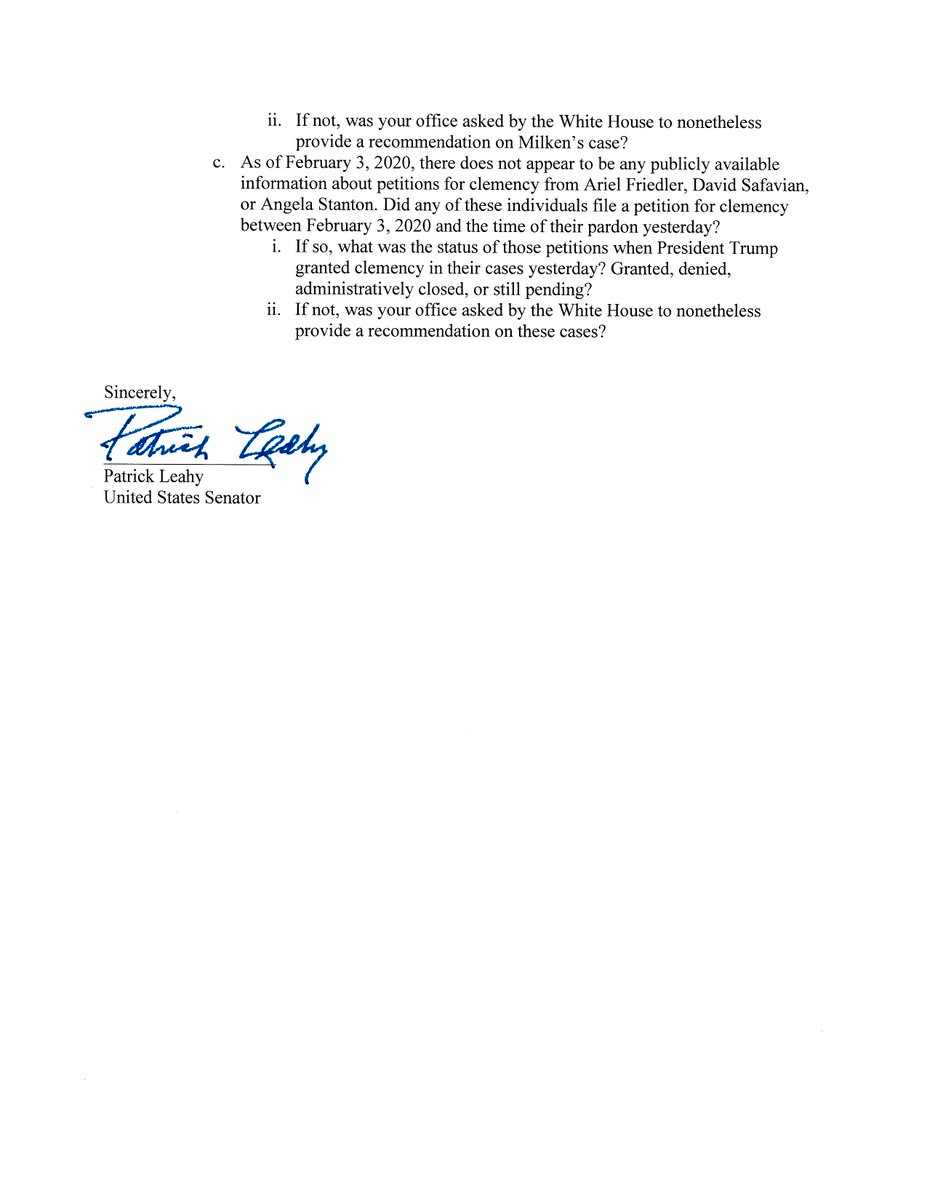 SenatorLeahy's tweet photo. DOJ finally acknowledged to me that Pres. Trump ONLY used DOJ’s nonpartisan Pardon Attorney to review just 6 out of 22 of his prior pardons/commutations. Congress needs to know if Pres. Trump just disregarded that established, non-partisan process yet again. My letter HERE: https://t.co/w3Od1U4oXl