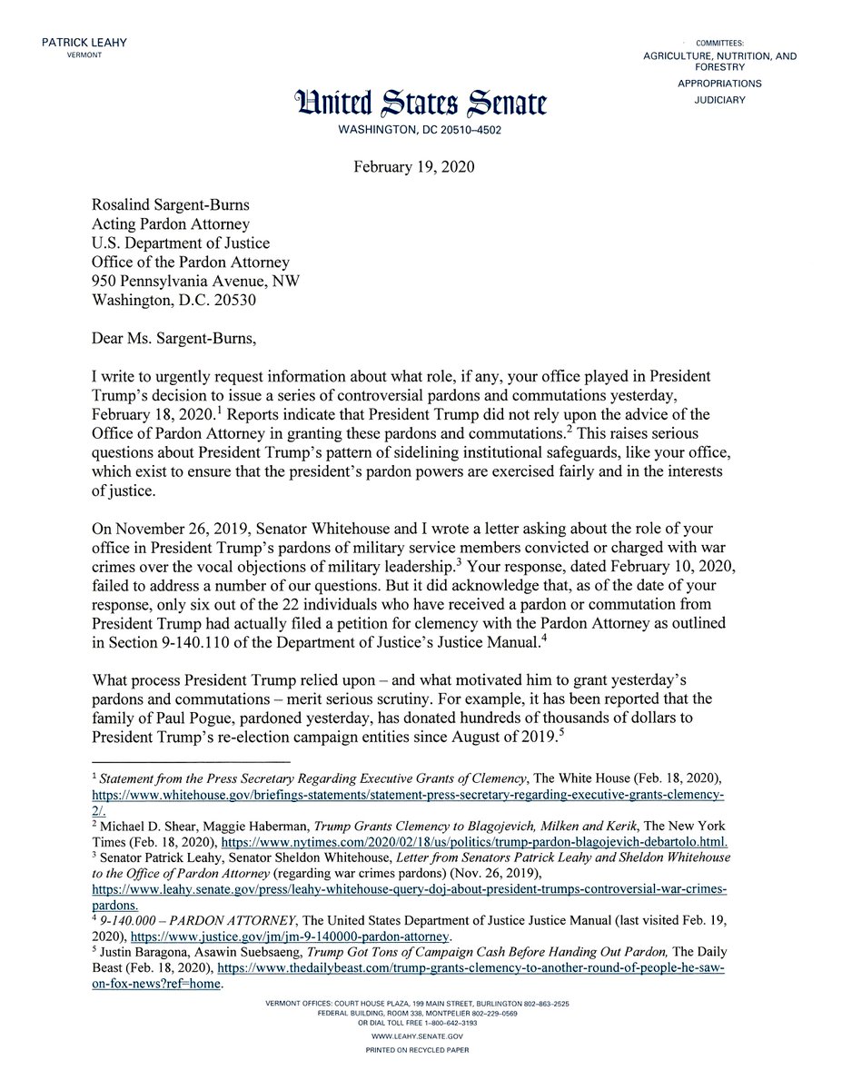 SenatorLeahy's tweet photo. DOJ finally acknowledged to me that Pres. Trump ONLY used DOJ’s nonpartisan Pardon Attorney to review just 6 out of 22 of his prior pardons/commutations. Congress needs to know if Pres. Trump just disregarded that established, non-partisan process yet again. My letter HERE: https://t.co/w3Od1U4oXl