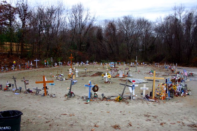 During a Great White concert in West Warwick, Rhode Island on this date February 20 in 2003, a pyrotechnics display set the Station nightclub on fire, killing 100 and injuring 200. Photo by Joe Webster: Memorial at Station nightclub. #OTD