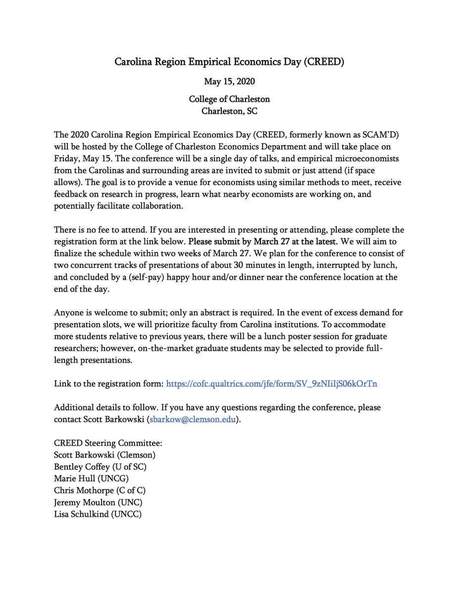 The CREED 2020 announcement is out! 

If you are an applied microeconomist working in the Carolinas or nearby, we hope that you will consider submitting an abstract or attending