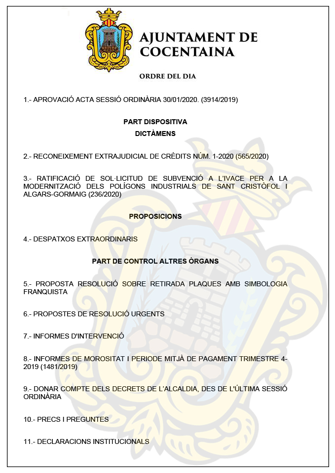 Aj. Cocentaina (@acocentaina) on Twitter photo 👉 L'Ajuntament de #Cocentaina et recorda que aquest dijous dia 20 tindrà lloc el Plenari Ordinari de febrer. Serà a partir de les 19:30 h amb aquest Ordre del Dia i també es podrà seguir en directe a <a href="/RadioCocentaina/">Radio Cocentaina</a> 👉 L'Ajuntament de #Cocentaina et recorda que aquest dijous dia 20 tindrà lloc el Plenari Ordinari de febrer. Serà a partir de les 19:30 h amb aquest Ordre del Dia i també es podrà seguir en directe a <a href="/RadioCocentaina/">Radio Cocentaina</a>