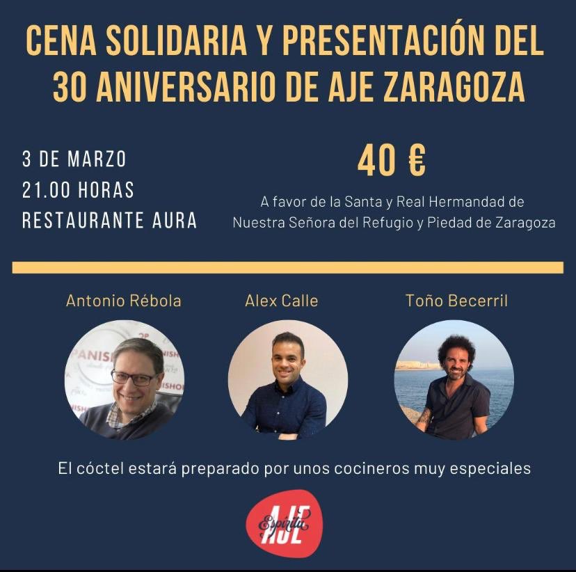 ptr_imascono's tweet photo. Cena solidaria para dar el pistoletazo de salida al 30 Aniversario de @ajezaragoza, en @AuraRestaurante. A los fogones tres expresidentes AJE, mis mayores fuentes de inspiración al frente de la asociación: Antonio Rébola, Alejandro Calle y @BecerrilT. ¿Quién se apunta? 🤩🔝🚀 https://t.co/vLQZGiBnoV