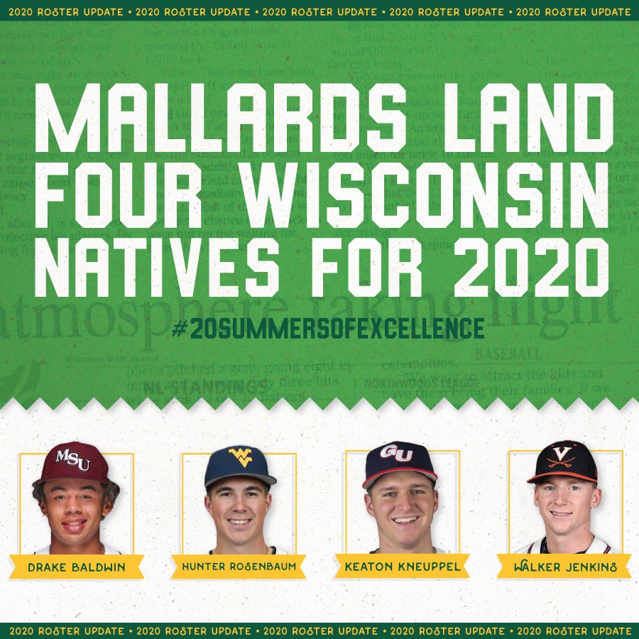 MadisonMallards's tweet photo. Four Wisconsinites are headed back home for the summer! We've just signed some local talent to our 2020 roster, check out what they'll be bringing to the field:

https://t.co/jv7OVNAhef

Give them a warm Wisco welcome! #2020Roster #20SummersofExcellence https://t.co/2mr4OGzrlw