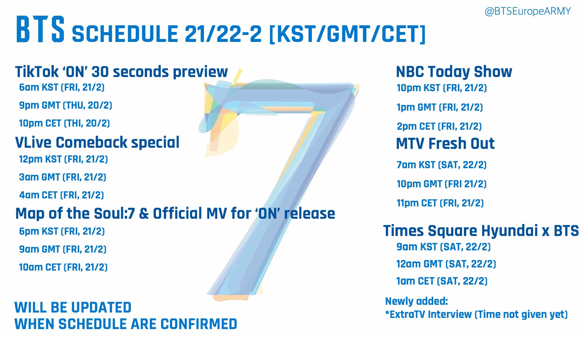 BTS Europe ARMY⁷ (REST) on Twitter: SCHEDULE 21/22-2 TikTok 6am 21/2 9pm GMT 20/2 10pm 20/2 VLive KST 21/2 3am GMT 21/2 4am CET 21/2 Album &amp; MV