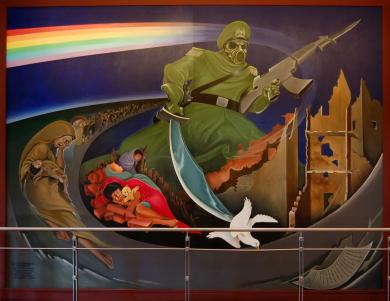 There are also unusual murals in the airport, painted by the artist Leo Tanguma, which depict creepy images of manmade environmental destruction and genocide. This is a four-part series, and the final two murals depict all of humanity coming together to live in harmony and peace