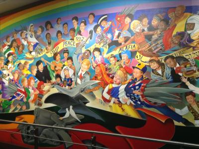 There are also unusual murals in the airport, painted by the artist Leo Tanguma, which depict creepy images of manmade environmental destruction and genocide. This is a four-part series, and the final two murals depict all of humanity coming together to live in harmony and peace