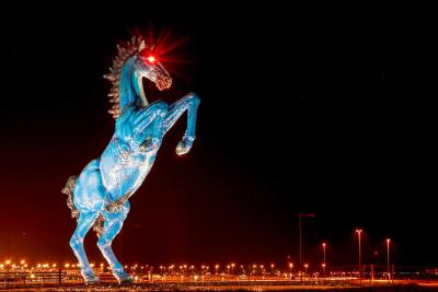 :point_right:Outside you have a 32 foot tall sculpture of a blue horse. His "official" name is "Blue Mustang", but the locals know him as "Blucifer". Before installation, Blue Mustang killed its creator Luis Jiménez when a section of it fell on him at his studio.