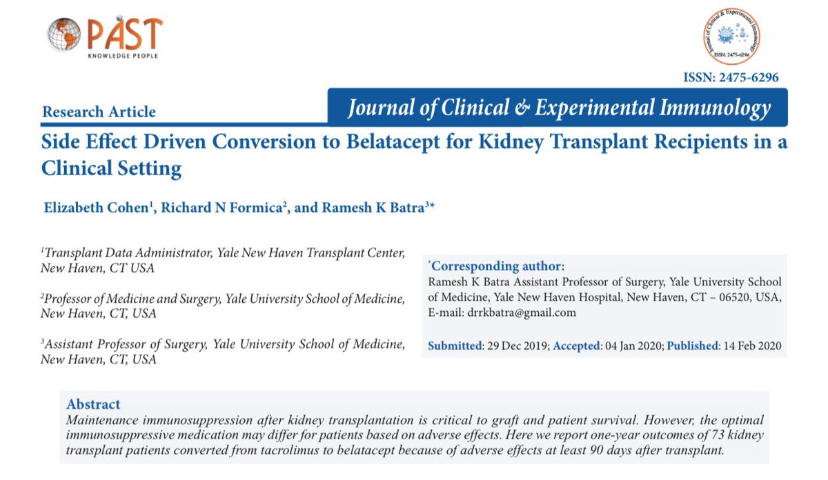 From @yaletxpneph @YaleTransplant and #YNHHSPharmacy: conversion from CNI to bela for non-renal indications ✅ most converted d/t neurotoxicity ✅ 88% saw improvement in their indication for conversion ✅ benefit of improved mag levels 🚫 no cases of PTLD URL below 👇🏼