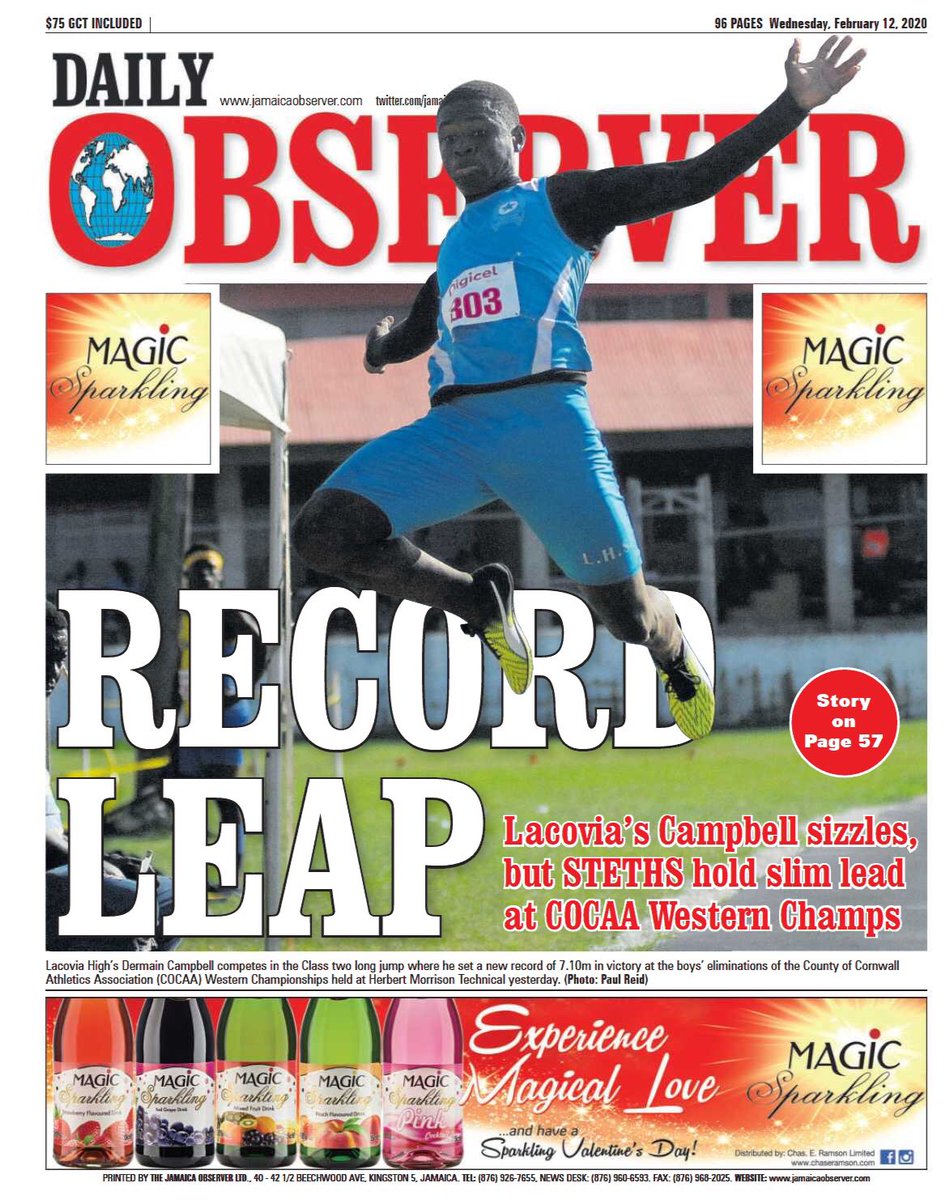 ISSASportsJA's tweet photo. We love a star athlete 🤩
.
.
Dermaine Campbell of Lacovia High made a record leap with 7.10m in the Class 2 boys’ long jump shattering the previous record of 6.92m by Lansford Cunningham of Cornwall.
.
.
Are you a Lacovia High fan?
#ISSAChamps2020 #TracktoChamps https://t.co/IwDDyx3p47