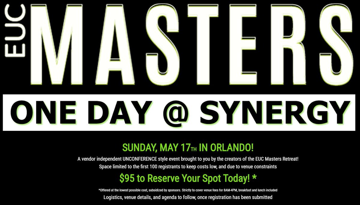 Wow! First e-mail has just gone out for the initial 24 registrants for the #EUCMastersOneDay event just before #CitrixSynergy, May 17th! I'm blown away by the talent caliber and profile of folks who have already booked their registrations. Don't miss out! bit.ly/eucsynergy2020