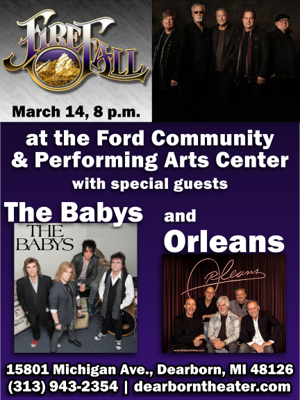 DearbornParks's tweet photo. Firefall, Orleans and @TweetTheBabys are coming to @dearbornrec March 14 at 8 p.m. Tickets are available by calling (313) 943-2354 or by visiting
https://t.co/4wjkLZf0f6 https://t.co/9aIrol6bBC