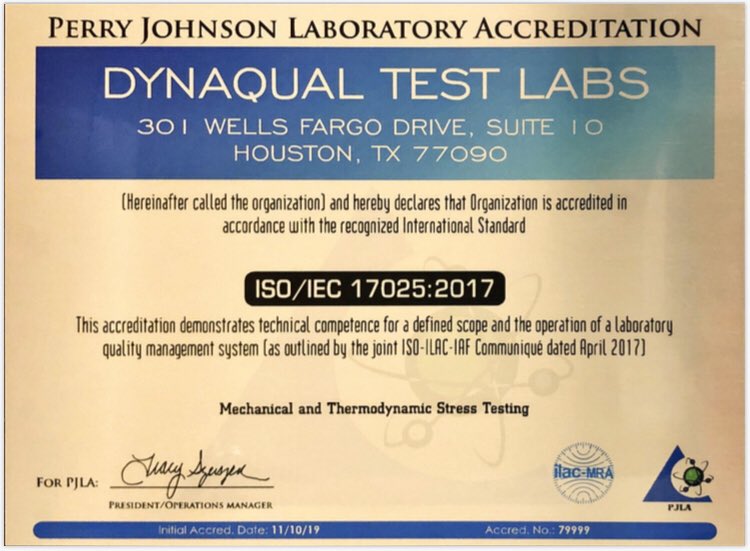 dynaqual's tweet photo. DynaQual is proud to display our ISO 17025:2017 Lab Accreditation.

Having completed the process in the Fall, with Perry Johnson Labratory Accrediting,we are happy to bring the standards and processes within our Quality Manual to all our customers.
#iso17025 #Reliability https://t.co/kPeTVPkKtS