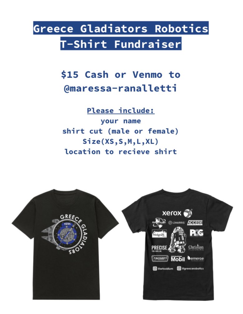 Greece Gladiator Robotics - Team 1591 (@greecerobotics) on Twitter photo Support the gladiators and buy a season t shirt made by the students on the team! #frc #fundraiser #shirt
<a href="/GreeceArcadia/">Greece Arcadia HS</a> <a href="/AthenaHigh/">Greece Athena HS</a> <a href="/GreeceOdyssey/">Odyssey Academy</a> <a href="/GreeceOlympia/">Olympia Spartans</a> <a href="/GreeceCentral/">Greece Central</a> Support the gladiators and buy a season t shirt made by the students on the team! #frc #fundraiser #shirt
<a href="/GreeceArcadia/">Greece Arcadia HS</a> <a href="/AthenaHigh/">Greece Athena HS</a> <a href="/GreeceOdyssey/">Odyssey Academy</a> <a href="/GreeceOlympia/">Olympia Spartans</a> <a href="/GreeceCentral/">Greece Central</a>