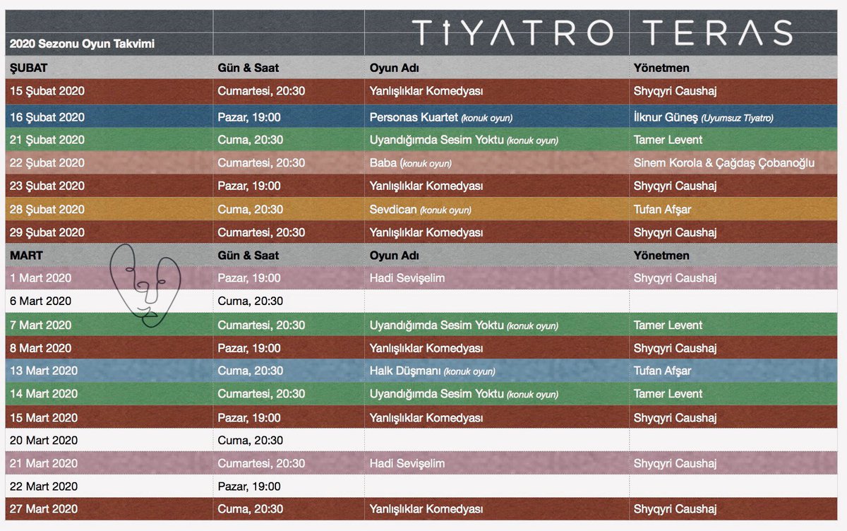 Şubat/Mart Ay’ı Güncel Oyun Takvimi 🎭🎭🎭🎭🎭🎭🎭🎭🎭🎭🎭🎭

Biletler; tiyatrolar.com.tr’de ve Tiyatro Teras gişede! 
0530 415 89 39 

#tiyatroiyidir #tiyatroteras