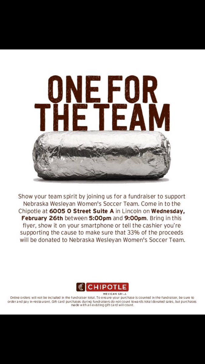 NWUWSoccer's tweet photo. Come support our program while getting @ChipotleTweets!!!

Next Wednesday (February 26th) from  5-9 p.m. at the Chipotle on O street.

p.s. show them this Tweet at the register 🌯🌯🌯 https://t.co/33Iga2EtHB