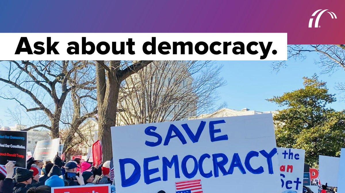 Graphic reads "Ask about democracy" and shows a rally outside the U.S. Capitol. The most prominent protest sign in the center of the graphic says "Save democracy" and shows an American flag.