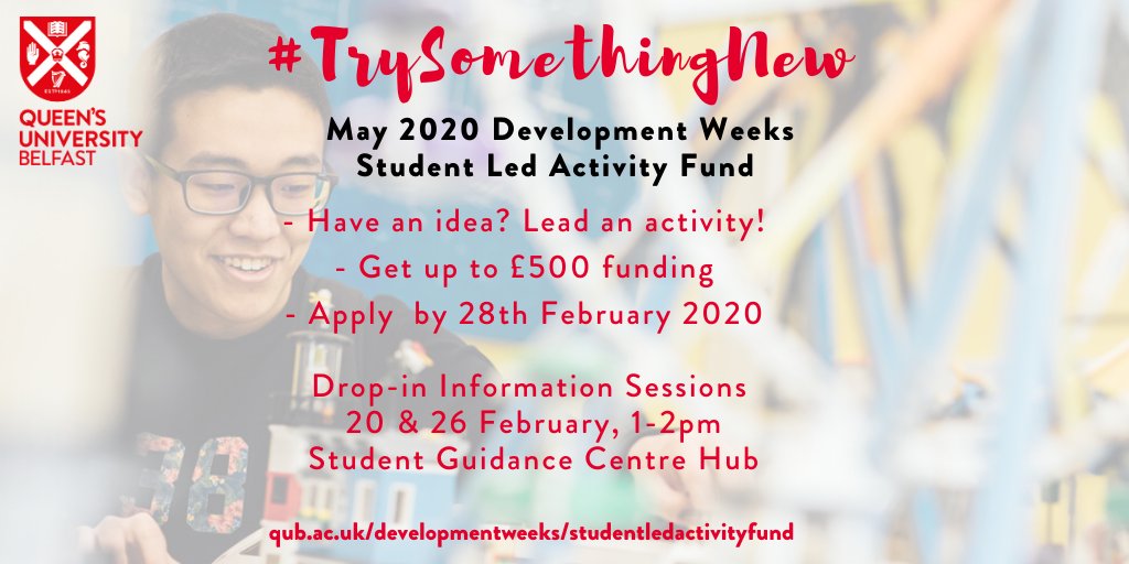 QUBCareers's tweet photo. Gain experience of developing your own idea into an event for fellow students
Secure funding and support!
The deadline for the Student Led Activity Fund is fast approaching!
Find out more https://t.co/1cnEA4a3Yx
#developmentweeks #lovequb #qubcareers #trysomethingnew #SLAF https://t.co/Mley9eHRDU