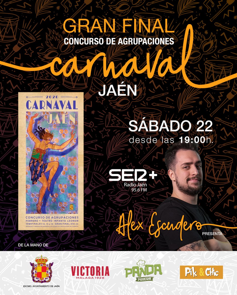 CadenaSERJaen's tweet photo. ste sábado no te pierdas la Gran Final del Concurso de Agrupaciones de Carnaval de Jaén. Síguela con una programación especial a través del 95.6 de SER+ a partir de las 19 horas con @alexexcudero. ¡No te lo pierdas! https://t.co/Au0YpMkbdT