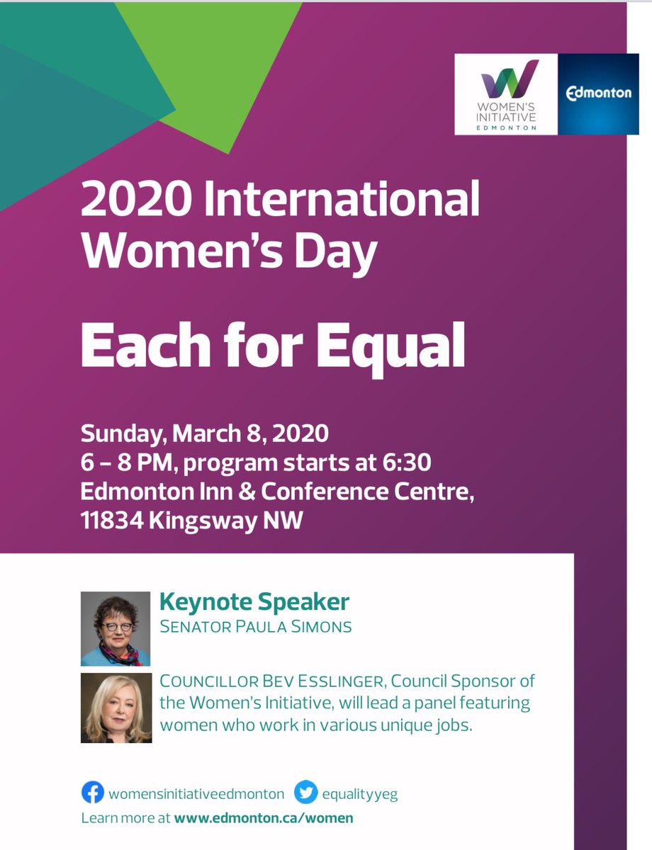 Please join us on March 8 for this free #IWD event, featuring <a href="/Paulatics/">Paula Simons</a> and <a href="/bevesslinger/">Bev Esslinger</a>. Hope to see you there! #yegwave #yegwomen