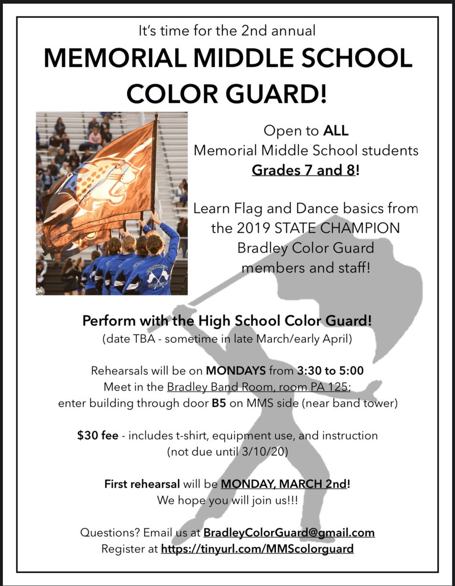 Hey <a href="/memorial_ms/">Memorial M.S.</a> students - interested in color guard at Bradley? Sign up now!