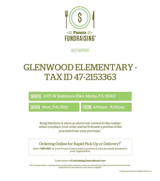 🔊Mark your calendars! Wed, February 26th, Panera Bread is giving 20% back to Glenwood for our fundraiser. Please come out and show your support. 
➡️When: 2/26/2020
➡️Time: 4:00pm - 8:00pm
➡️Where: 1075 Baltimore Pike, Media, PA 19063
➡️Show the cashier this flyer on your phone.