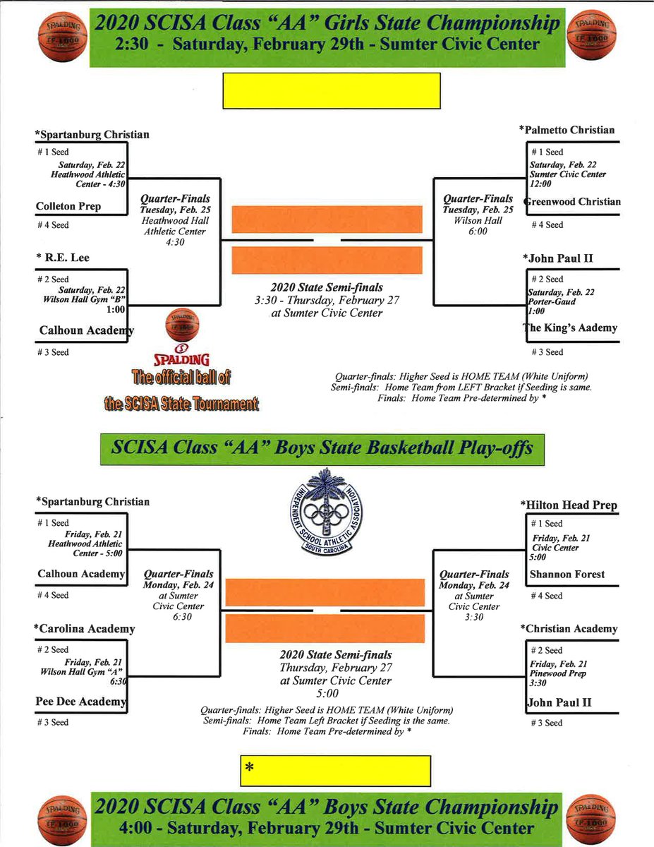 scawarriors's tweet photo. The 2020 SCISA Basketball Playoff Brackets for our boys and girls games https://t.co/x6PwxhBhgQ