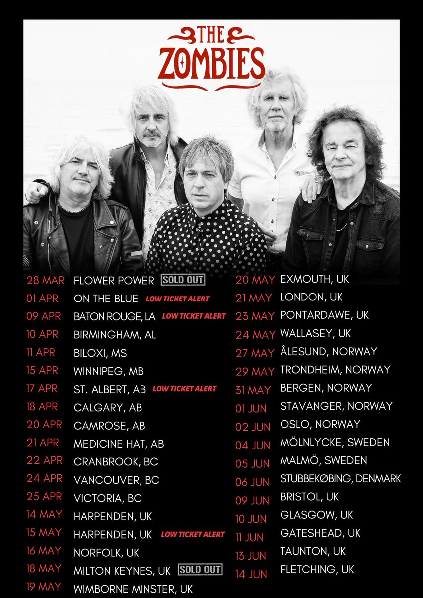 Do you have your tickets for our spring tour?

#FlowerPowerCruise and <a href="/StablesMK/">The Stables MK</a> are SOLD OUT.

#OnTheBlueCruise, <a href="/ManshipTheatre/">Manship Theatre</a>, <a href="/TheArdenTheatre/">ArdenTheatre</a>, and <a href="/HarpendenHalls/">Harpenden Public Halls</a> (night 2) are almost sold out.

Get your tickets at thezombiesmusic.com/live 🎶