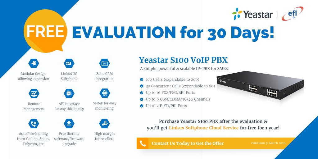 We are offering a 30-day free evaluation on the Yeastar S100 VoIP PBX. The S100 is a simple, powerful & scalable IP-PBX for SMEs. Purchase this great product after the evaluation period and you'll get Linkus Softphone Cloud Services for free for one year. electronicfrontier.co.uk/project/yeasta…