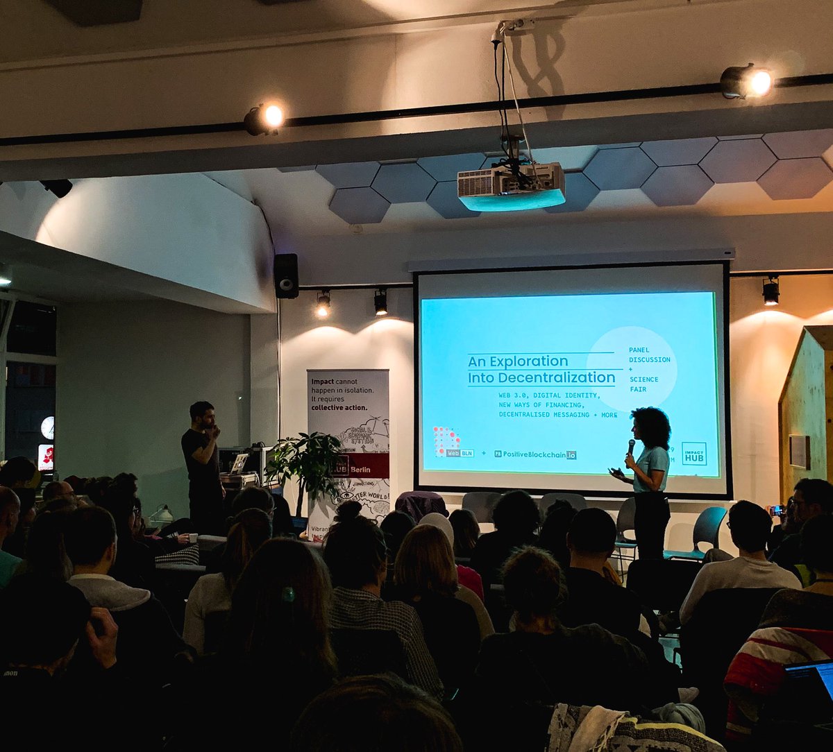 eirenadesigns's tweet photo. โWait. So why do you want to decentralise it?โ - the panel discussion with @RightsMatterHRD @spherityproject @escpeurope @sheblockchainer and @holochain is about to start. But first ๐ an intro to the global @GETDWeb community and an invitation to #DWebCamp // #DWebBLN https://t.co/sTrbdUrNjW