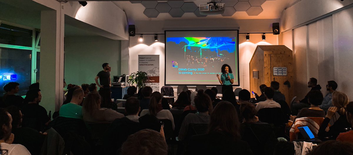 eirenadesigns's tweet photo. โWait. So why do you want to decentralise it?โ - the panel discussion with @RightsMatterHRD @spherityproject @escpeurope @sheblockchainer and @holochain is about to start. But first ๐ an intro to the global @GETDWeb community and an invitation to #DWebCamp // #DWebBLN https://t.co/sTrbdUrNjW