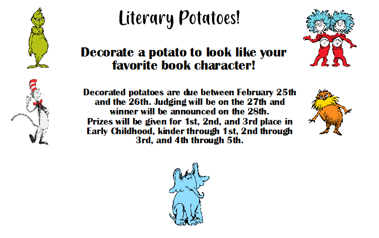 LovelyLibrary87's tweet photo. Don't forget out our contest for the library! All you have to do is decorate a potato as your favorite book character! 
Here are some ideas! Have fun and don't forget you can start turning them in on Tuesday, and the deadline is Wednesday to turn them in. https://t.co/tvdZsvqfng