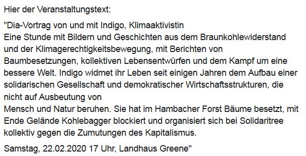 161_einbeck's tweet photo. Veranstaltungstipp
Am Samstag, 22.02.2020, gibt es einen Fotovortrag zu Klimaaktivismus im Landhaus Greene.
Veranstaltet wird dieser von der Partei Die Linke Einbeck/Gandersheim/Dassel.
#Einbeck #Klimagerechtigkeit #Solidarität #Aktivismus #Anitkapitalismus #Solidaritree https://t.co/zcXQtwQHXe