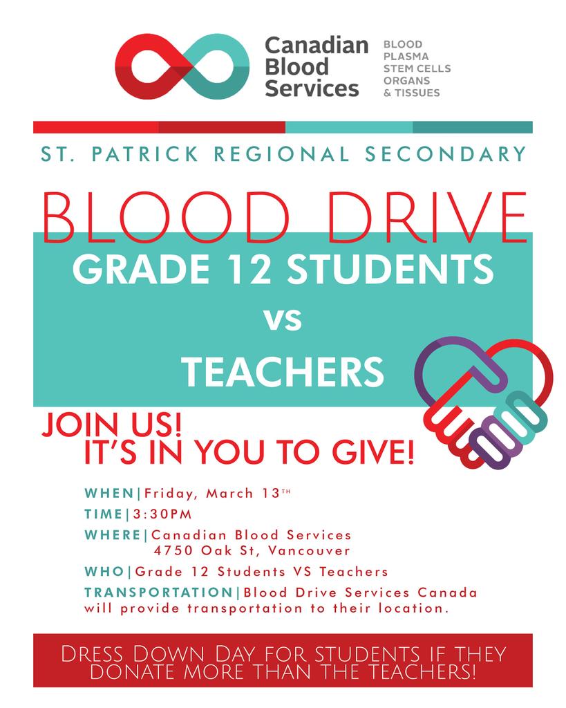 stpatsceltics's tweet photo. St. Pat's is holding a Blood Drive! We will be meeting on Wednesday in RM 205 at lunch to talk details. All Are Welcome! Grade 12 Students VS Teachers: Dress Down Day for students if they donate more than teachers!
#CanadasLifeline
#BloodForLife
#DonateTogether https://t.co/hwlCplkW61