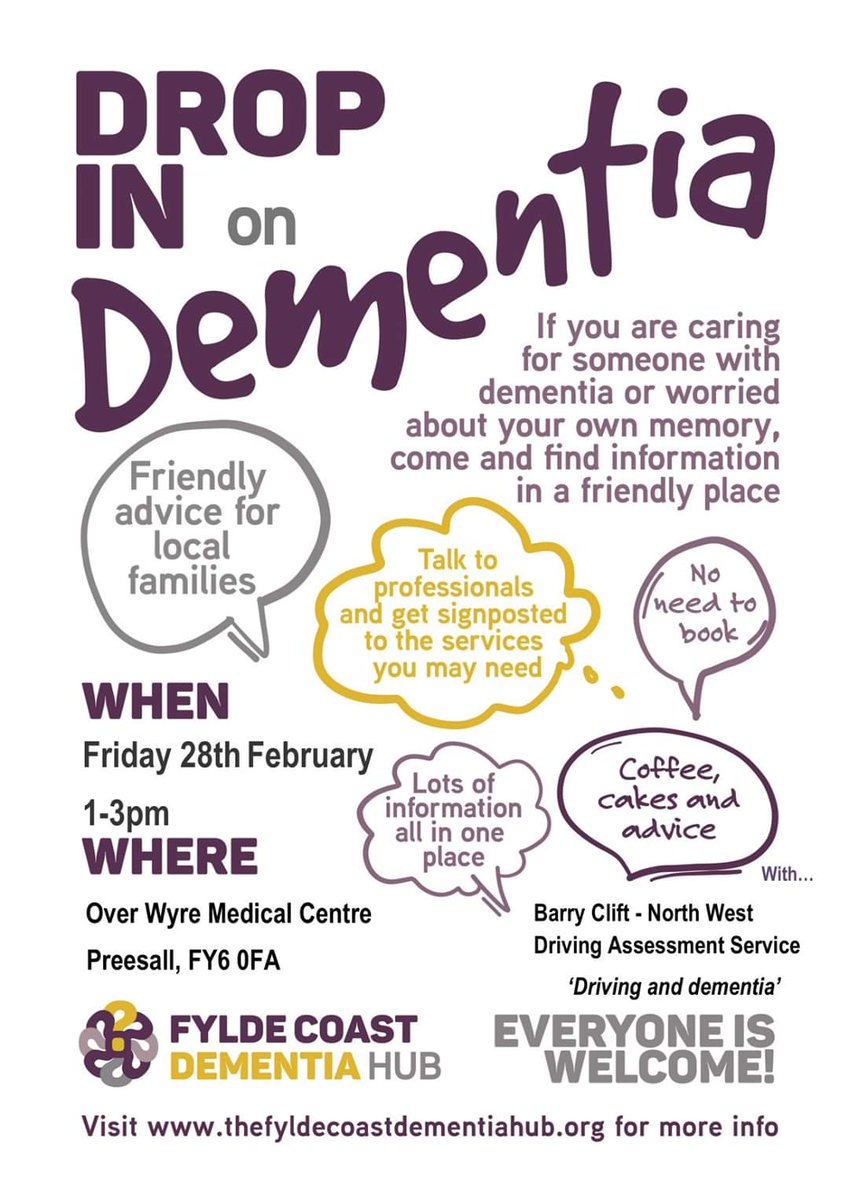 Come along to the next dementia hub on Friday 28th February 1pm - 3pm at Over Wyre Medical Centre, Preesall, FY6 0FA