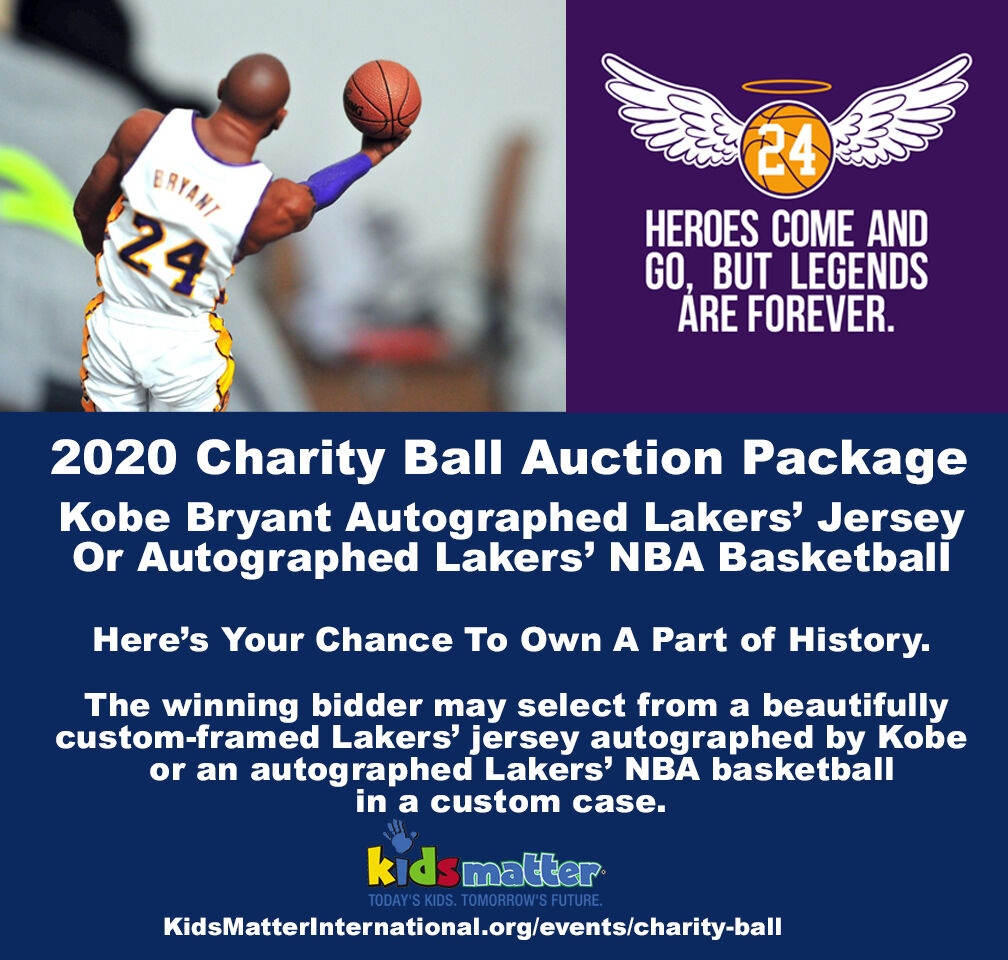 2020 Charity Ball Auction Package. Kobe Bryant autographed Lakers' jersey or autographed Laker' NBA basketball. The winning bidder may select from a custom framed Lakers jersey autographed by Kobe or and autographed Lakers NBA basketball in a custom case. bit.ly/31ZnDOL