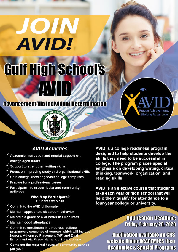 Attention Gulf High School Class of 2023! Interested in AVID next year? If so, you can apply here: ghs.pasco.k12.fl.us/application-av…
<a href="/gulfhighschool/">Gulf High School</a> <a href="/gulfavid/">Gulf High School Avid</a> @GulfHSPrincipal <a href="/GHSParentInvol/">GHS Parent Involvement</a>