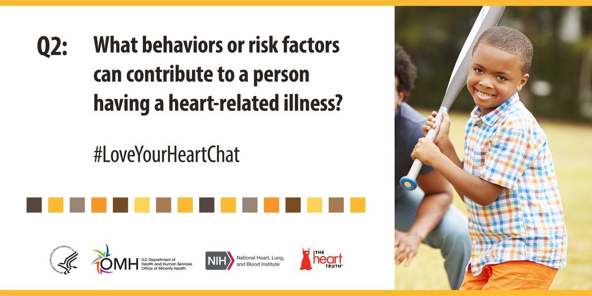 MinorityHealth's tweet photo. Q2: What behaviors or risk factors can contribute to a person having a heart-related illness? #LoveYourHeartChat https://t.co/4COCW3MUBD