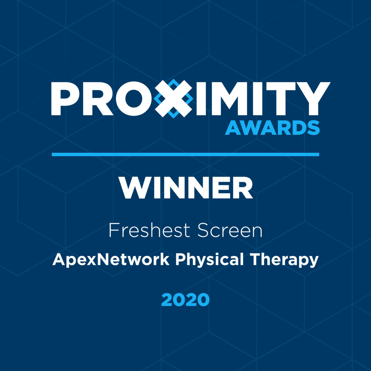 ApexNetworkFran's tweet photo. ApexNetwork Physical Therapy is honored to be named one of the 2020 #ProximityAwards Featured 40, recognizing excellence in digital in-venue engagement! 

Check out the full Featured 40
https://t.co/HLh2mvidgr https://t.co/xJ4eWQHKRH