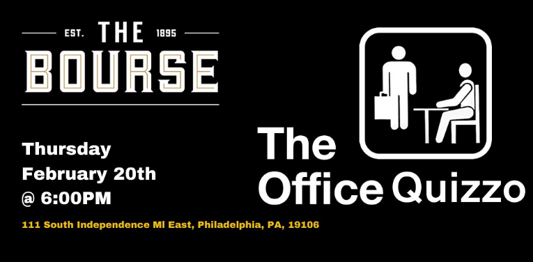TriviaTainment's tweet photo. The Office Quizzo Thursday at 6pm! RSVP: https://t.co/dwCQPhVXyA @TheBoursePhilly #thebourse #philadelphia #theofficequizzo #michaelscott #theoffice #jimhalpert #dwightschrute #dundermifflin #pambeesly #andybernard #triviatainment https://t.co/oYY5DN0zYZ